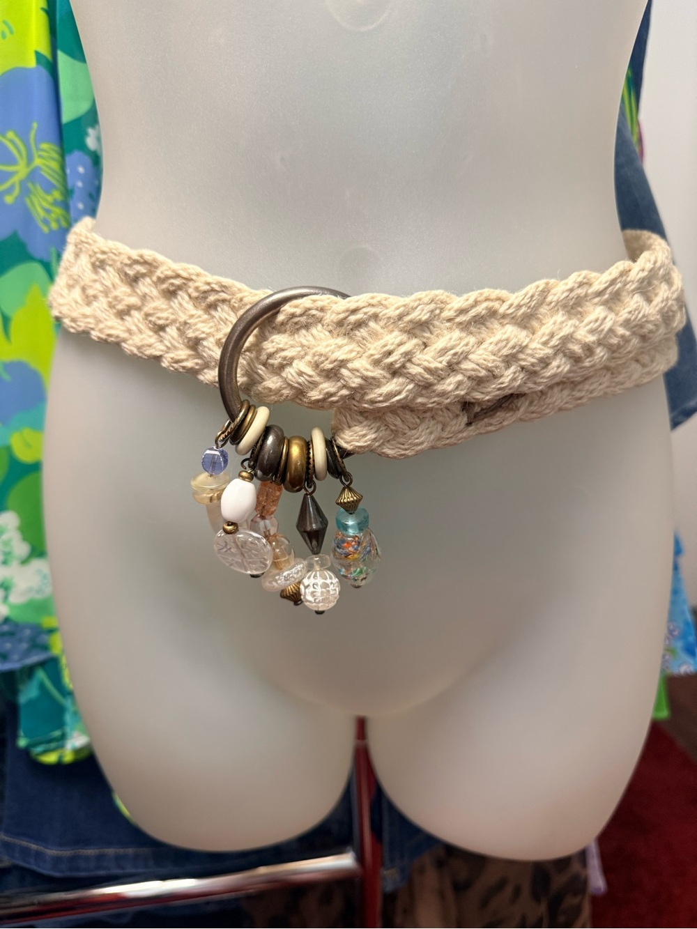 Boho Cream Braided Rope Belt with Beaded Charm